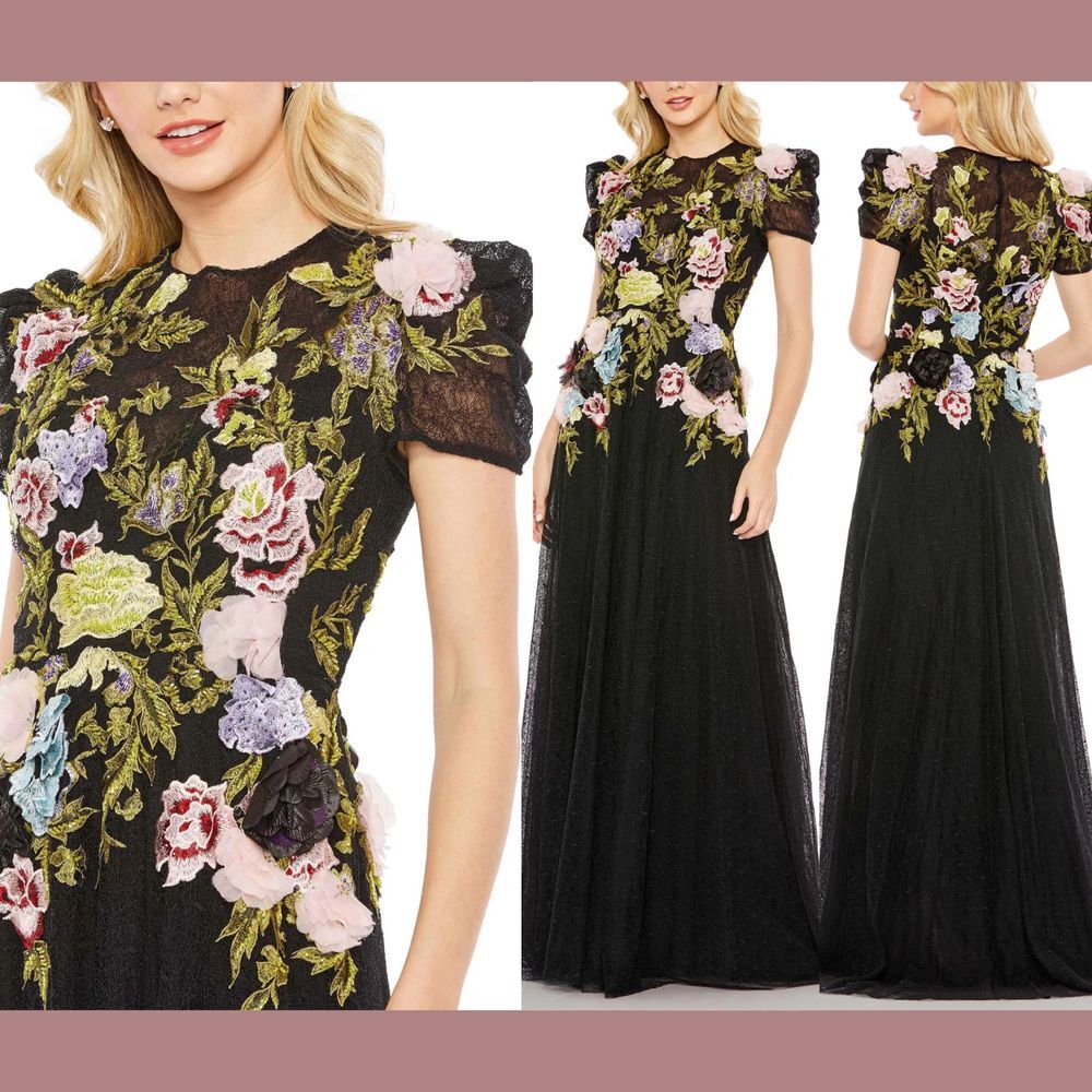 NEW $998‎ Mac Duggal [ 14 ] Embroidered Floral Short Sleeve Gown Black #G1942